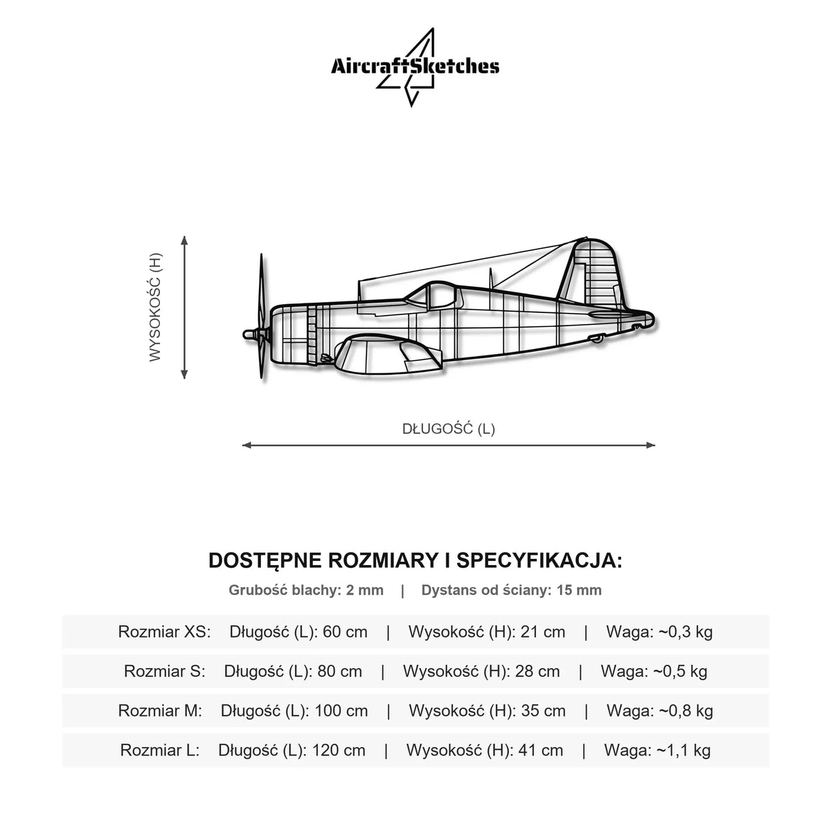 Wymiary i specyfikacja techniczna modelu: F4U 1A Corsair - Metalowa dekoracja ścienna