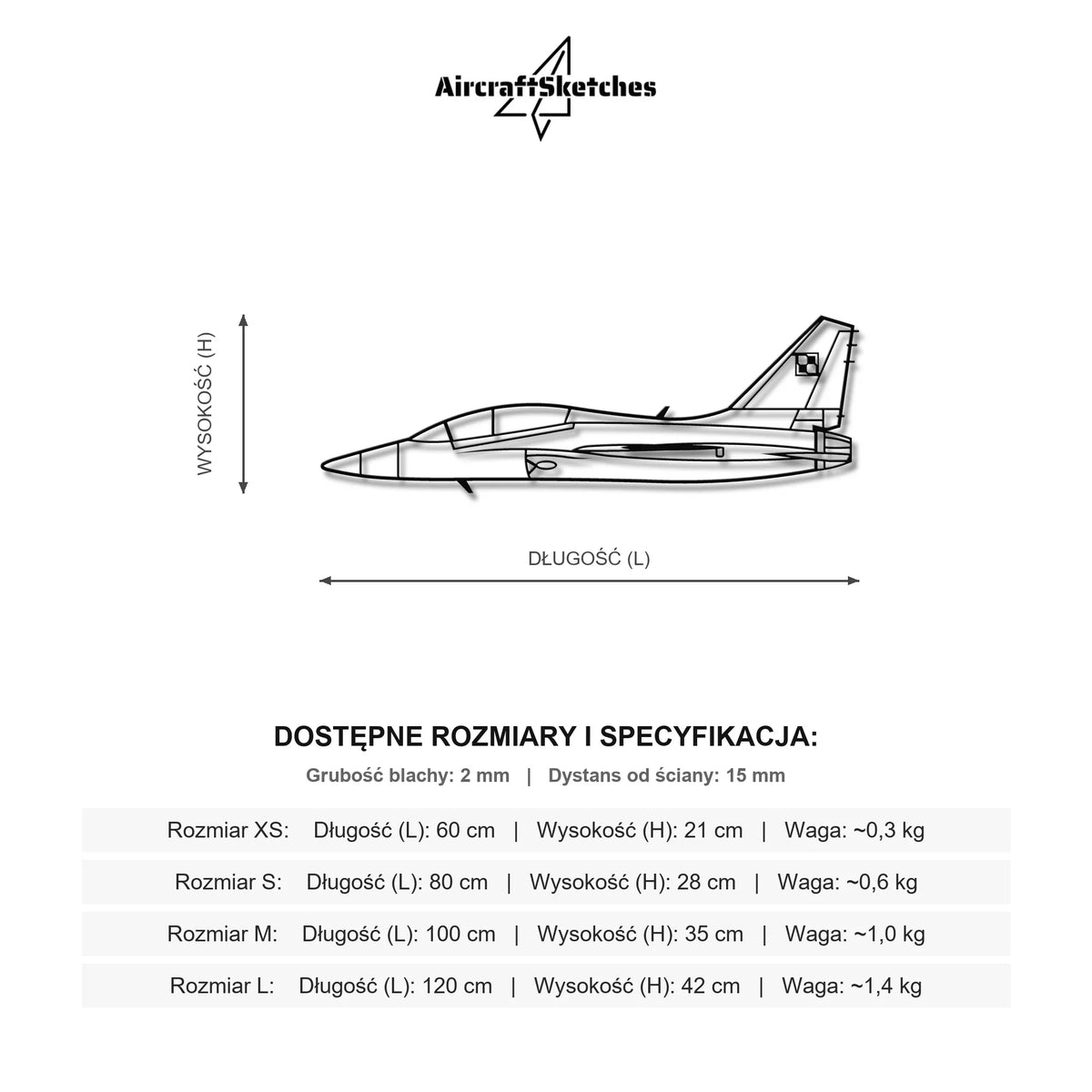 Wymiary i specyfikacja techniczna: FA-50 Fighting Eagle (Polska Szachownica) – Metalowa sylwetka na ścianę