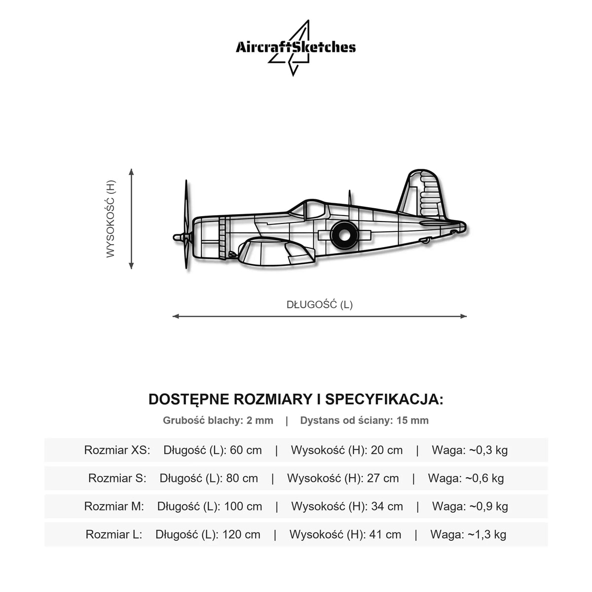 Wymiary i specyfikacja techniczna modelu: Vought F4U Corsair - Metalowa dekoracja ścienna
