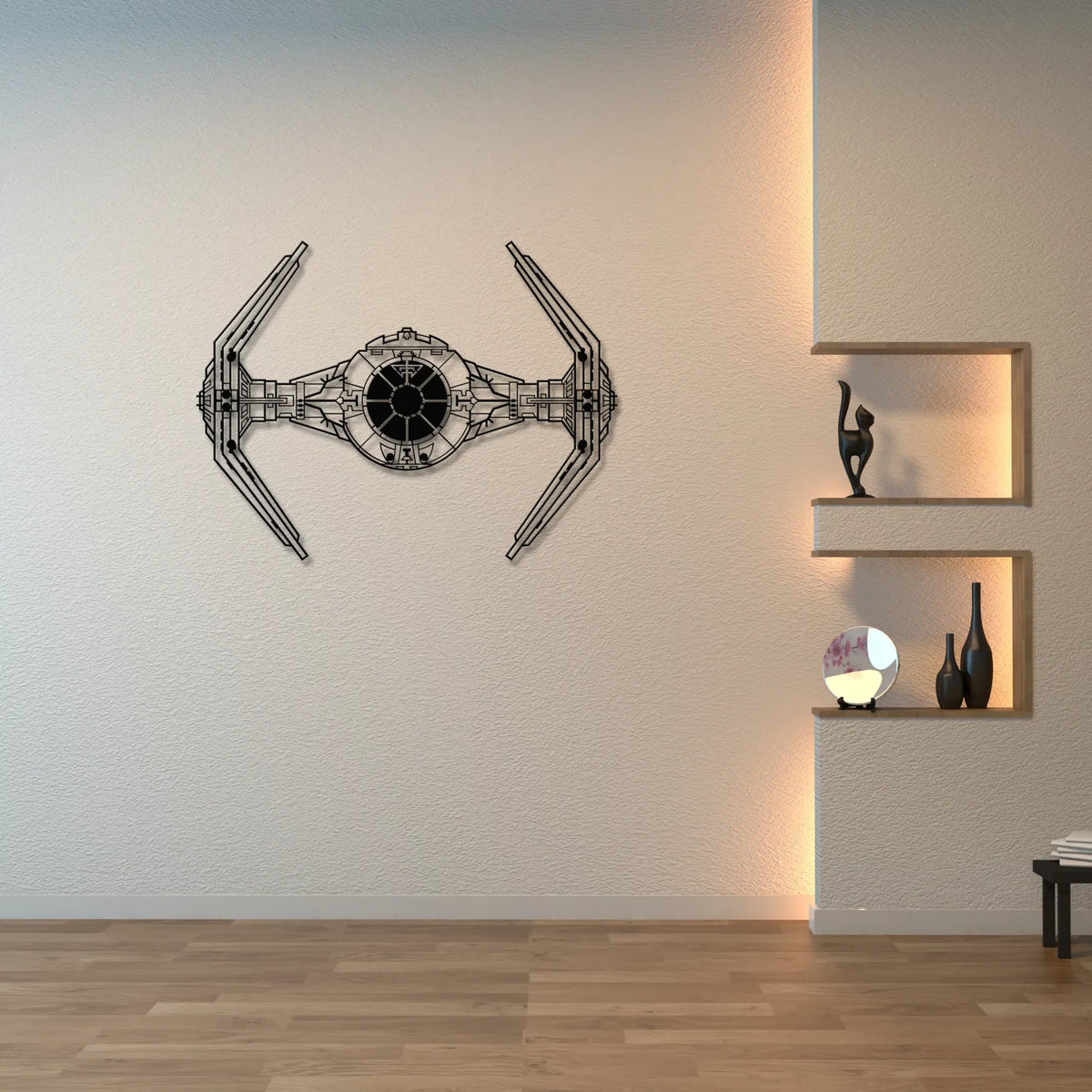 Aranżacja loftowa z wykorzystaniem - Metalowa dekoracja ścienna – inspirowany futurystycznym myśliwcem sci-fi