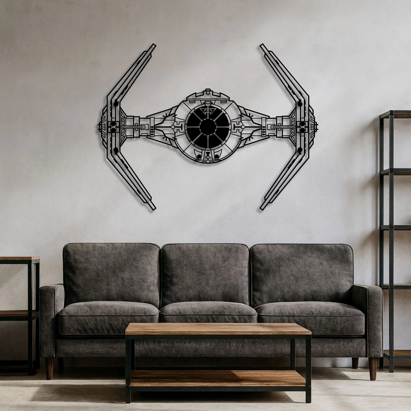 Metalowa dekoracja ścienna – inspirowany futurystycznym myśliwcem sci-fi