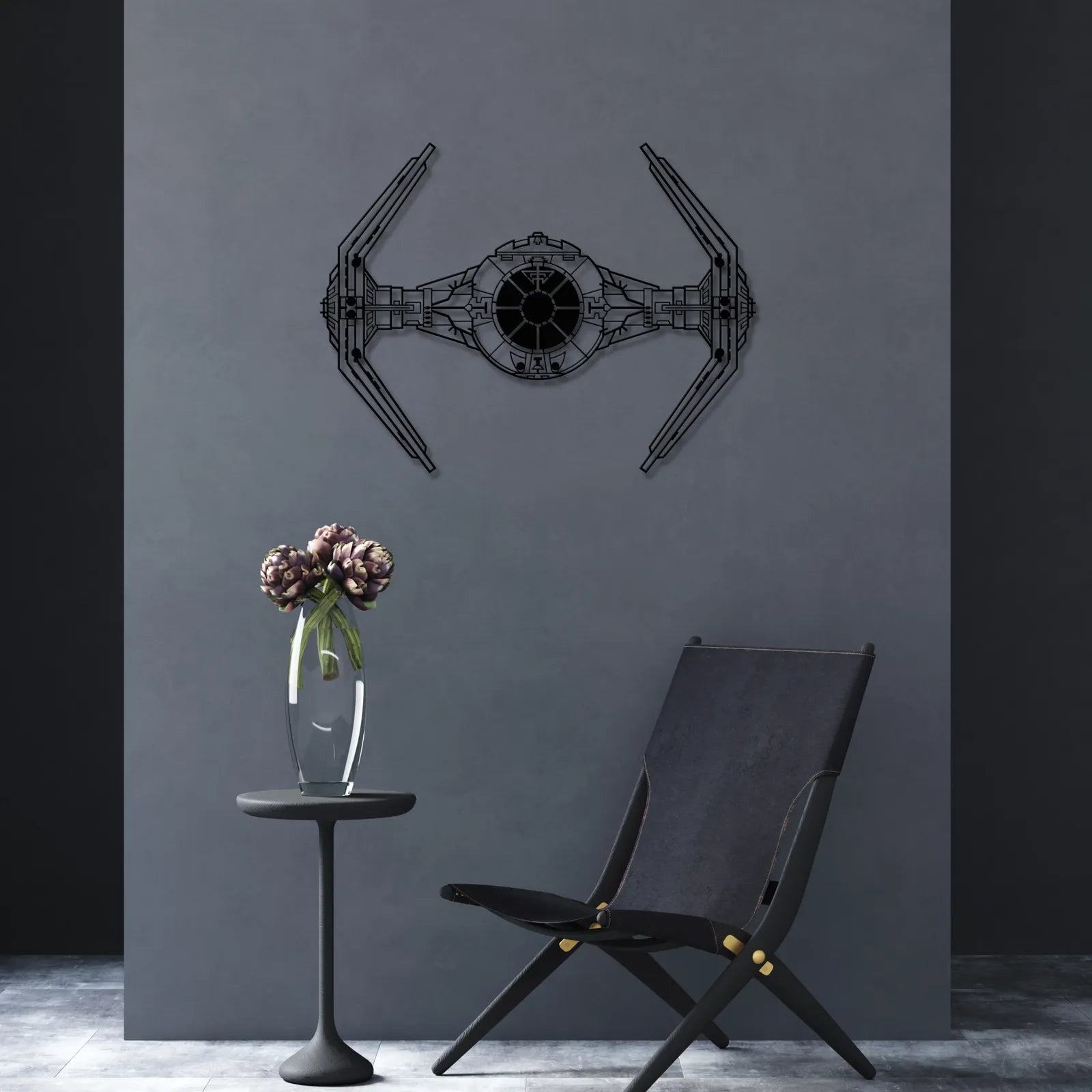 Ozdoba do salonu na ścianę - Metalowa dekoracja ścienna – inspirowany futurystycznym myśliwcem sci-fi