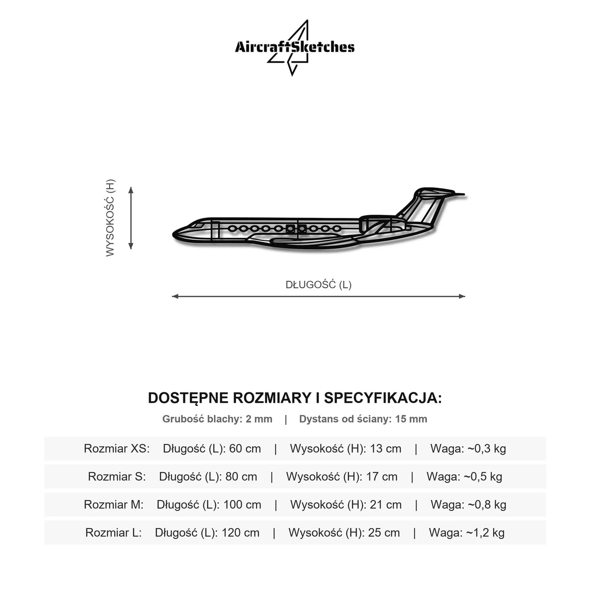 Wymiary i specyfikacja techniczna modelu: Gulfstream G700 - Metalowa dekoracja ścienna
