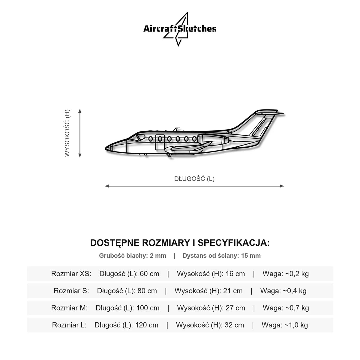 Wymiary i specyfikacja techniczna modelu: Hawker 400 - Metalowa dekoracja ścienna