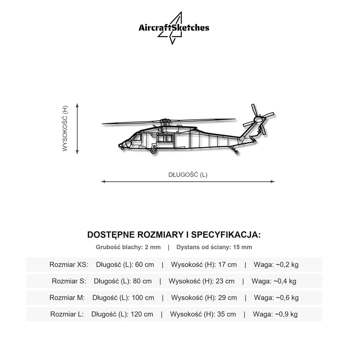 Wymiary i specyfikacja techniczna modelu: Sikorsky HH-60M - Metalowa dekoracja ścienna