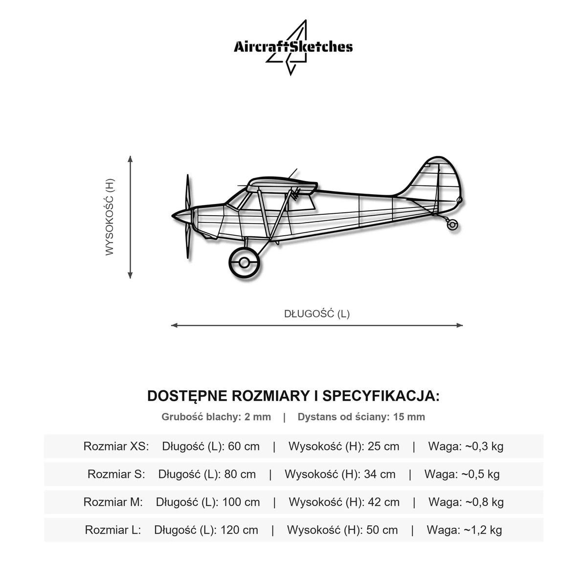 Wymiary i specyfikacja techniczna modelu: De Havilland DHC-2 Beaver Metalowa dekoracja ścienna