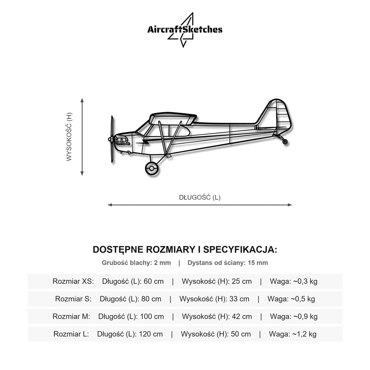 Wymiary i specyfikacja techniczna modelu: Piper J-3 Cub - Metalowa dekoracja ścienna