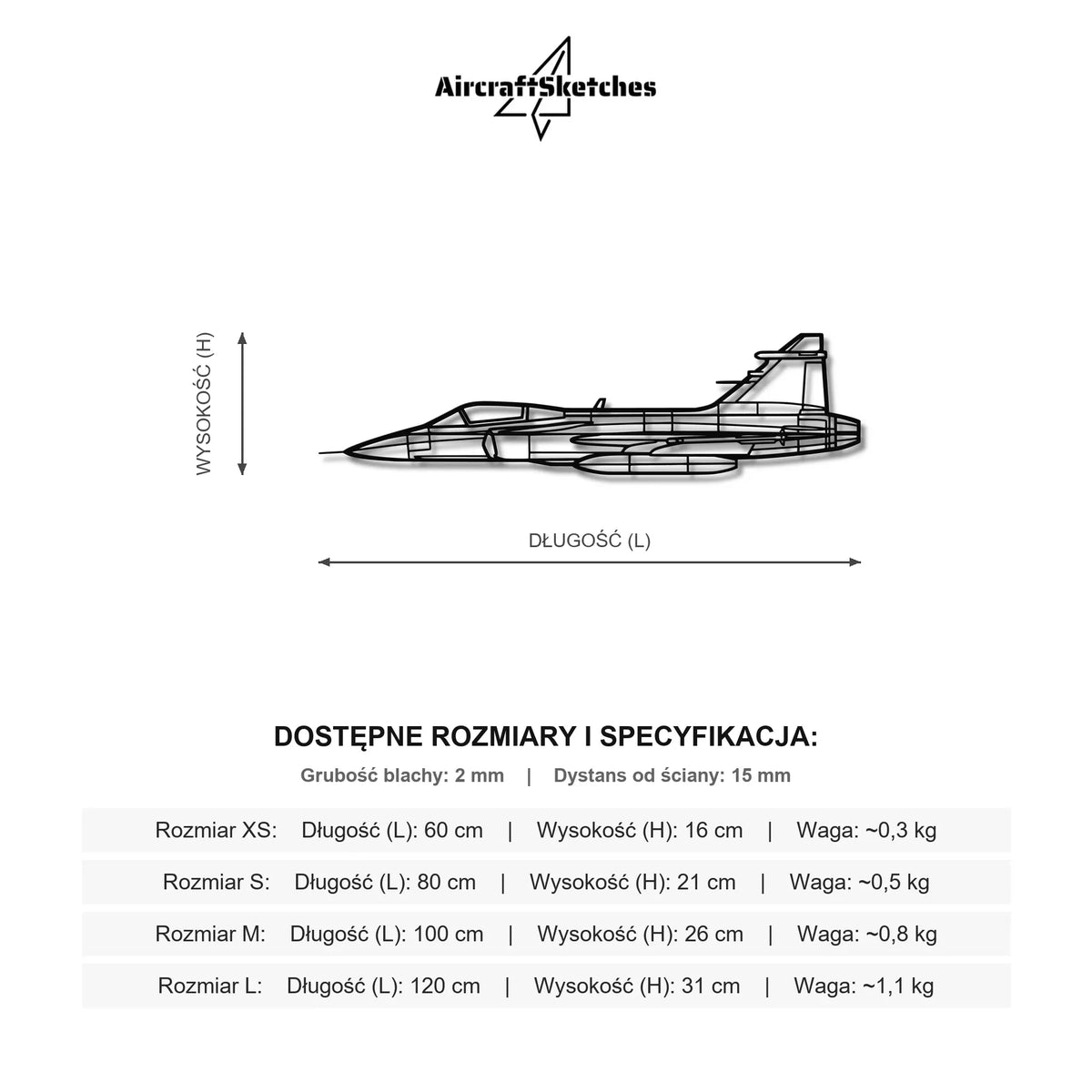 Wymiary i specyfikacja techniczna modelu: Saab JAS 39 Gripen - Metalowa dekoracja ścienna