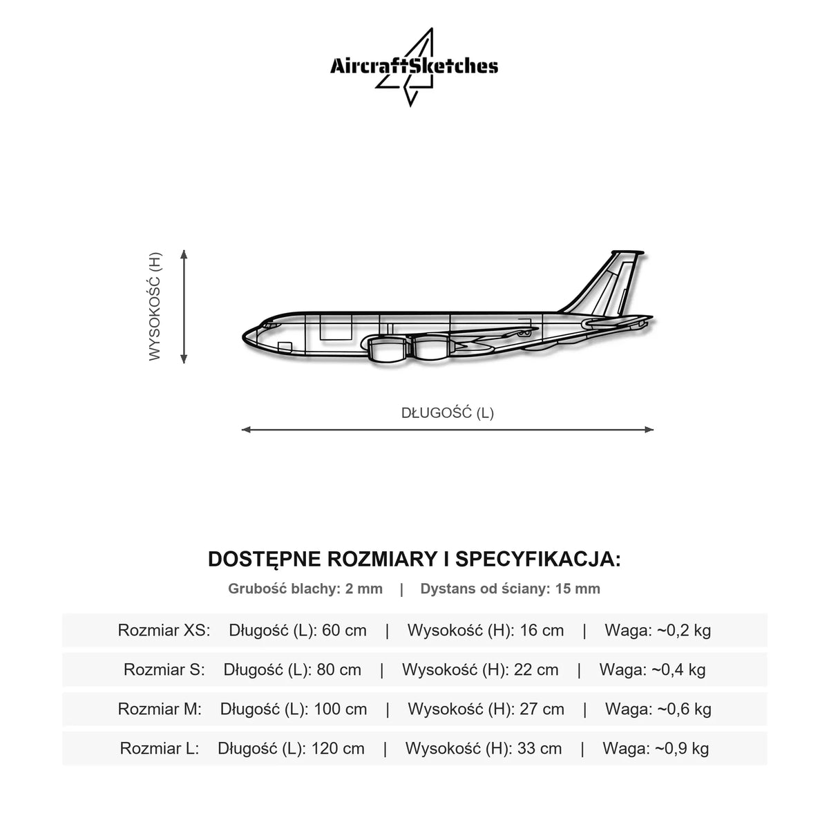 Wymiary i specyfikacja techniczna modelu: Boeing KC-135R Stratotanker - Metalowa dekoracja ścienna