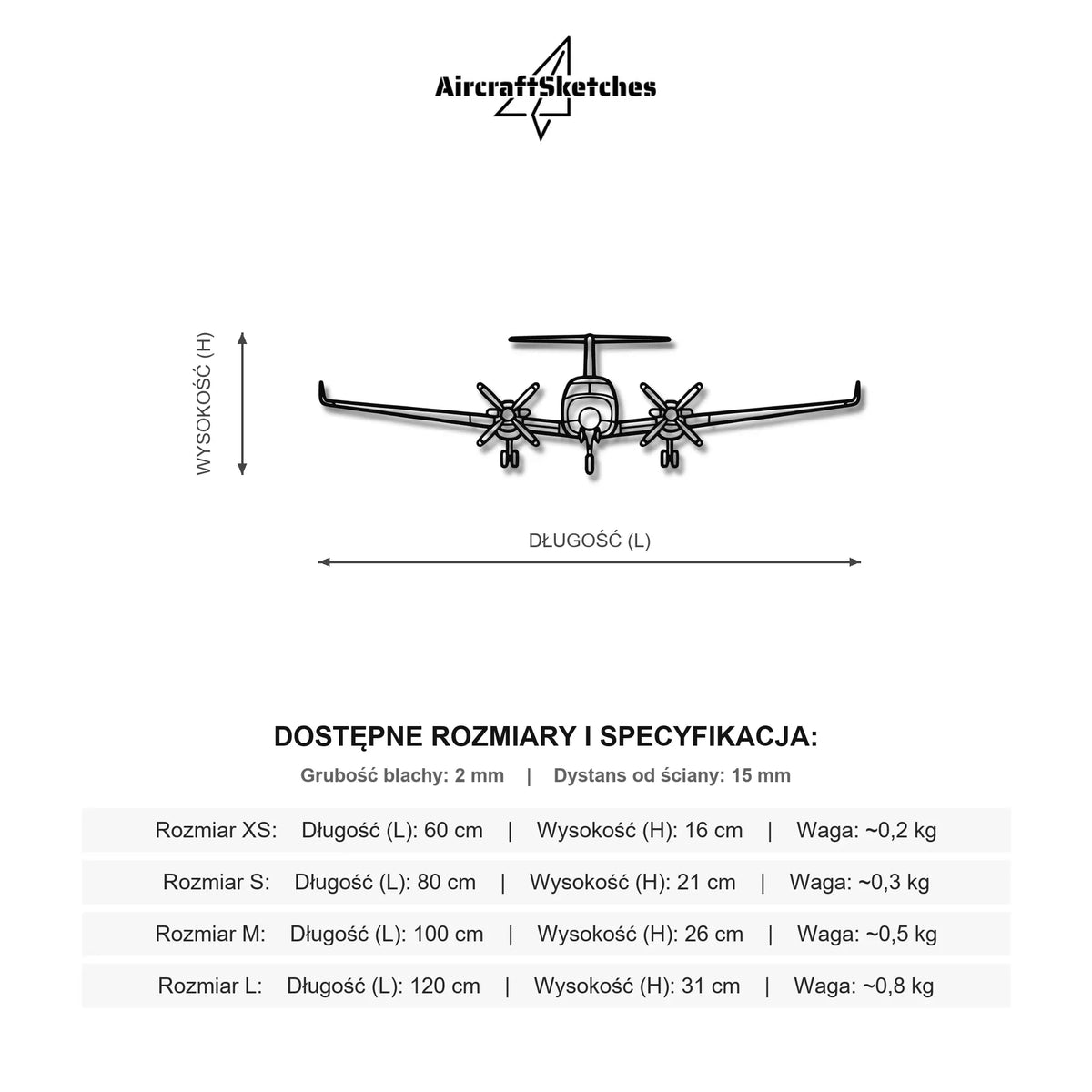 Wymiary i specyfikacja techniczna modelu: Beechcraft King Air 200 - Metalowa dekoracja ścienna