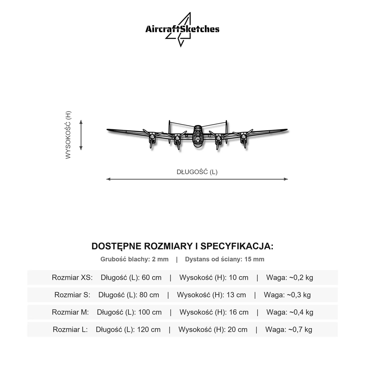 Wymiary i specyfikacja techniczna modelu: Avro Lancaster Mk I - Metalowa dekoracja ścienna