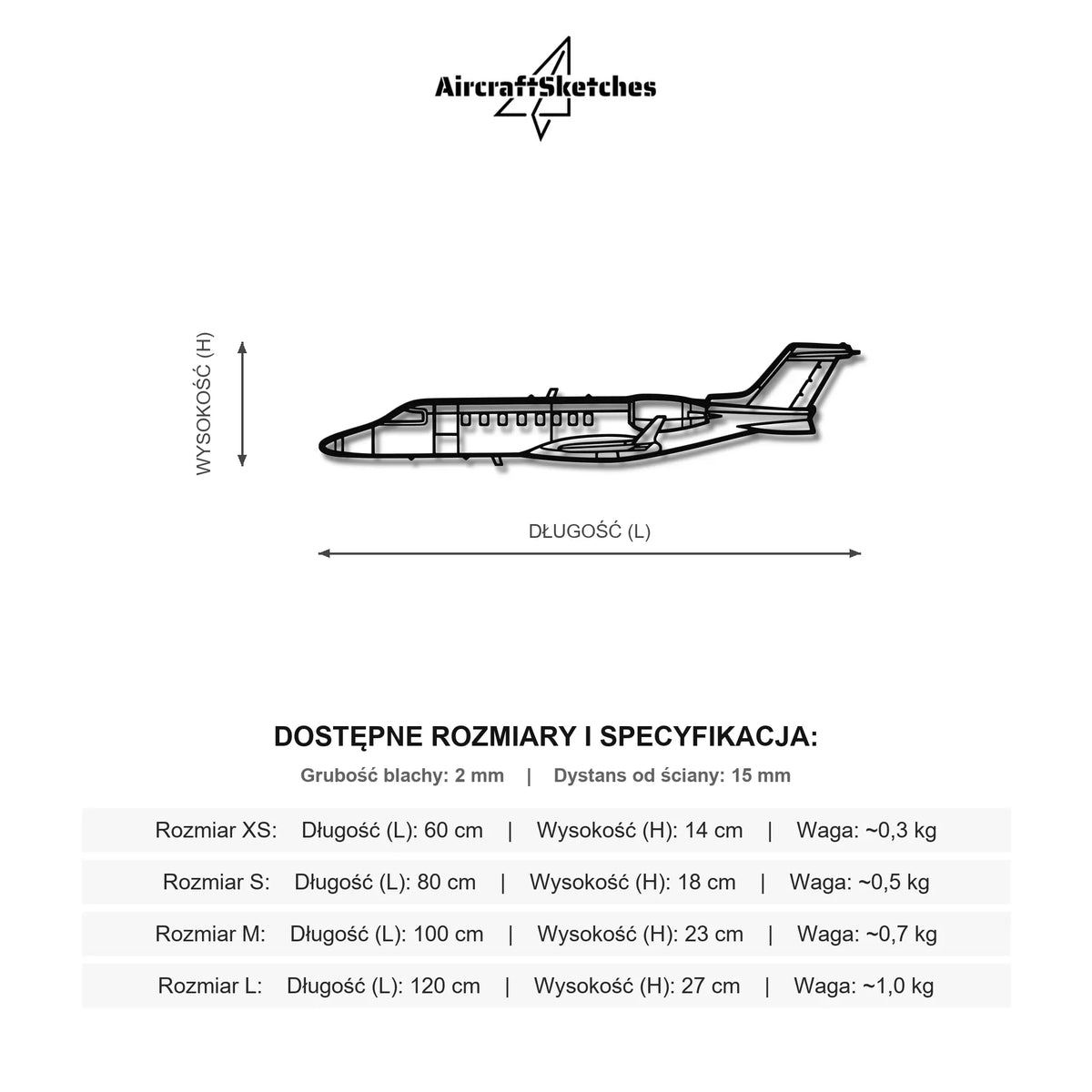 Wymiary i specyfikacja techniczna modelu: Learjet 75 - Metalowa dekoracja ścienna