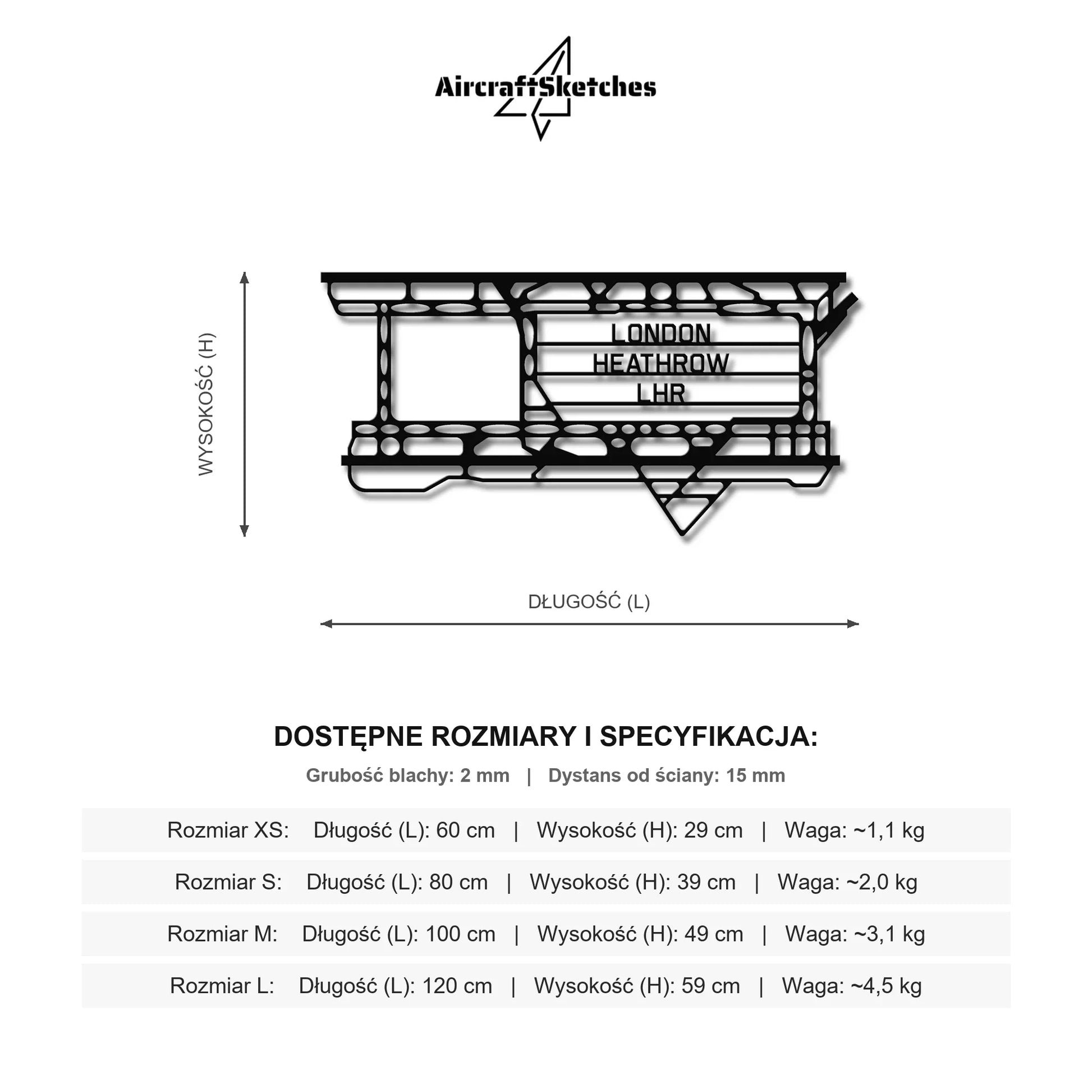Wymiary i specyfikacja techniczna: LHR London Heathrow – Metalowa sylwetka na ścianę