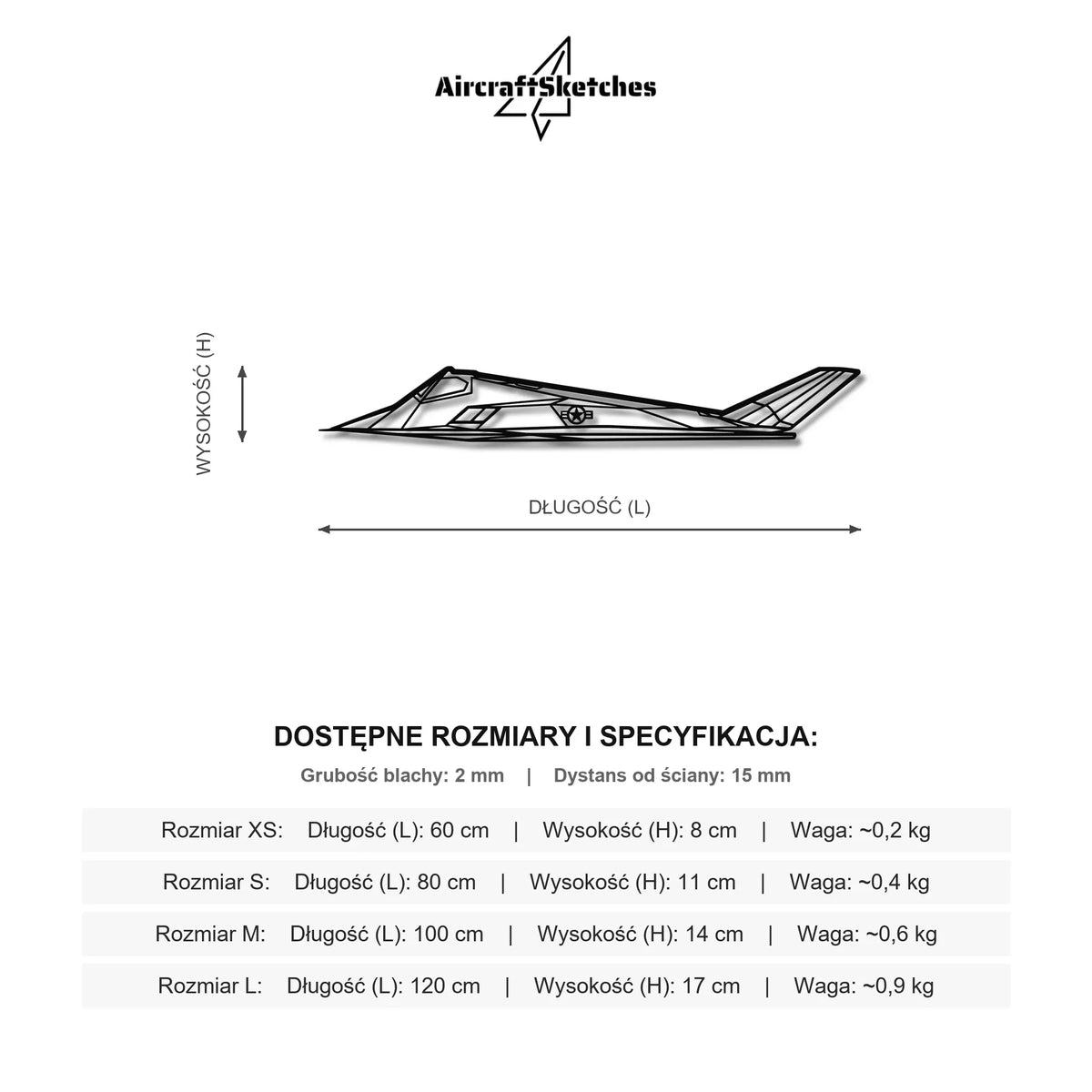 Wymiary i specyfikacja techniczna modelu: Lockheed F-117 Nighthawk - Metalowa dekoracja ścienna