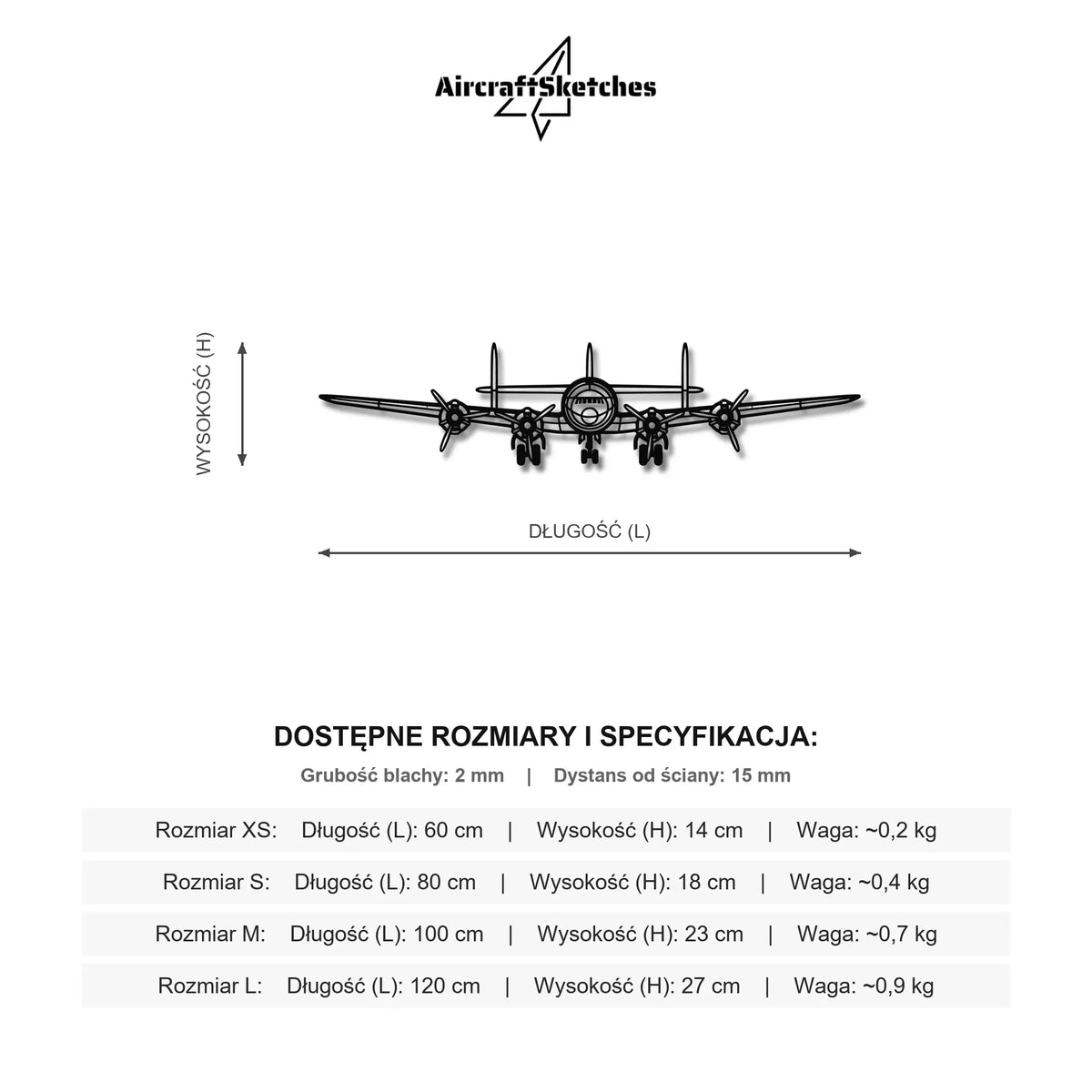 Wymiary i specyfikacja techniczna modelu: Lockheed L-749 Constellation - Metalowa dekoracja ścienna