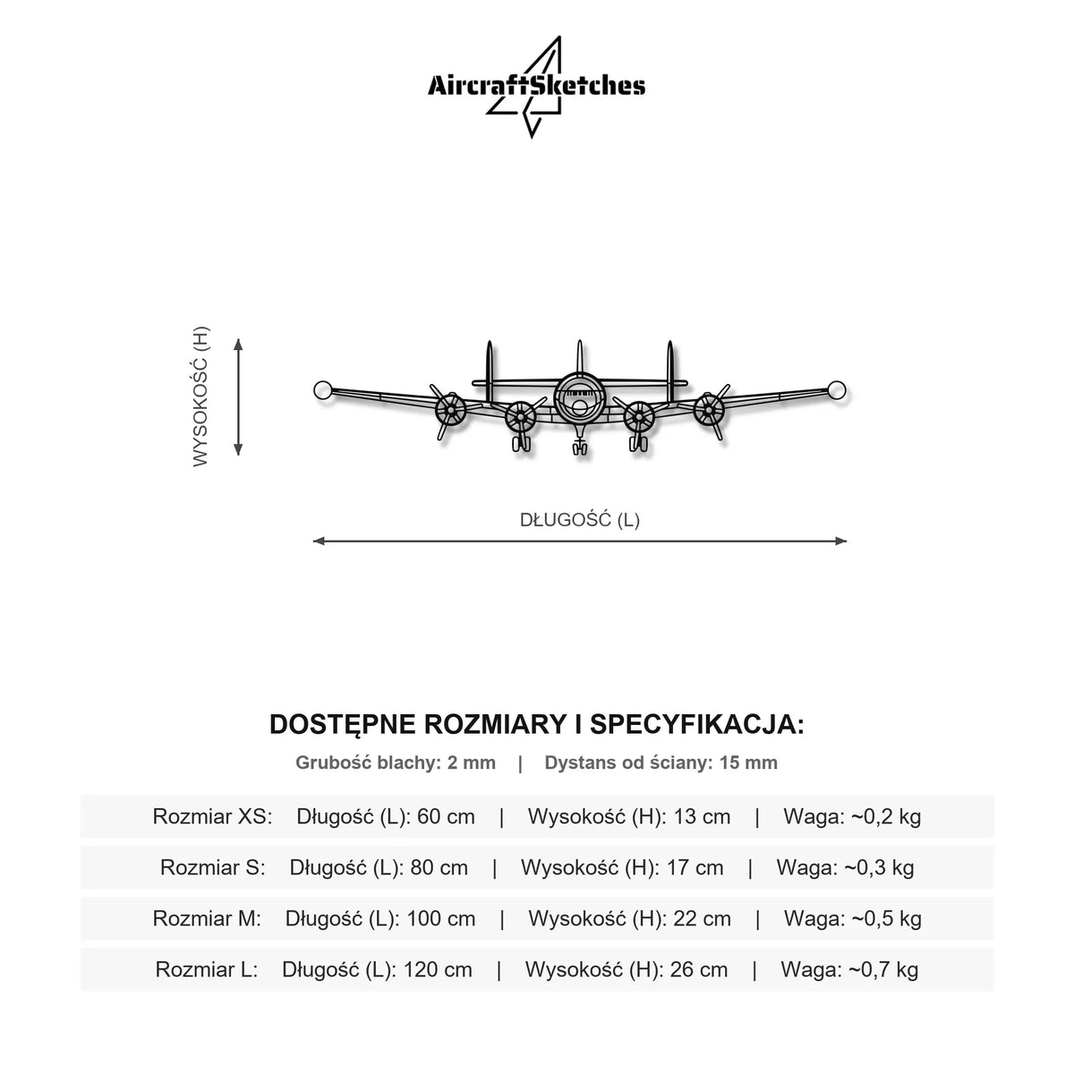 Wymiary i specyfikacja techniczna modelu: Lockheed Super Constellation - Metalowa dekoracja ścienna