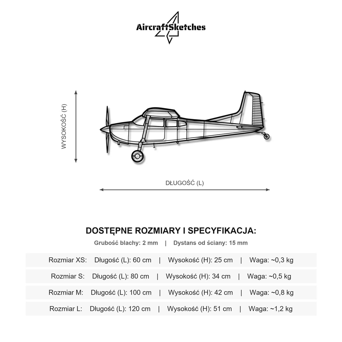 Wymiary i specyfikacja techniczna modelu: Luscombe 8A - Metalowa dekoracja ścienna