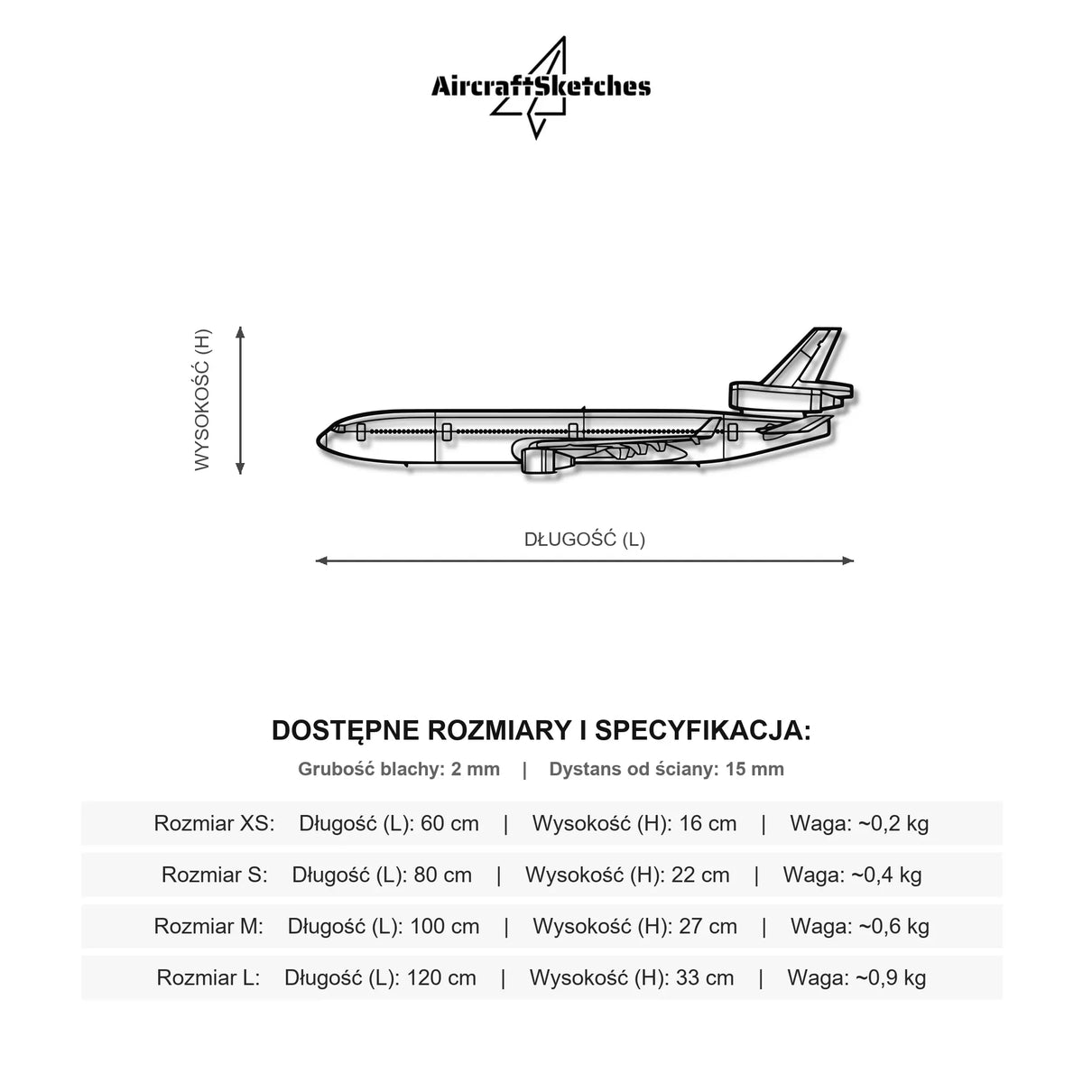 Wymiary i specyfikacja techniczna modelu: McDonnell Douglas MD-11 Metalowa dekoracja ścienna