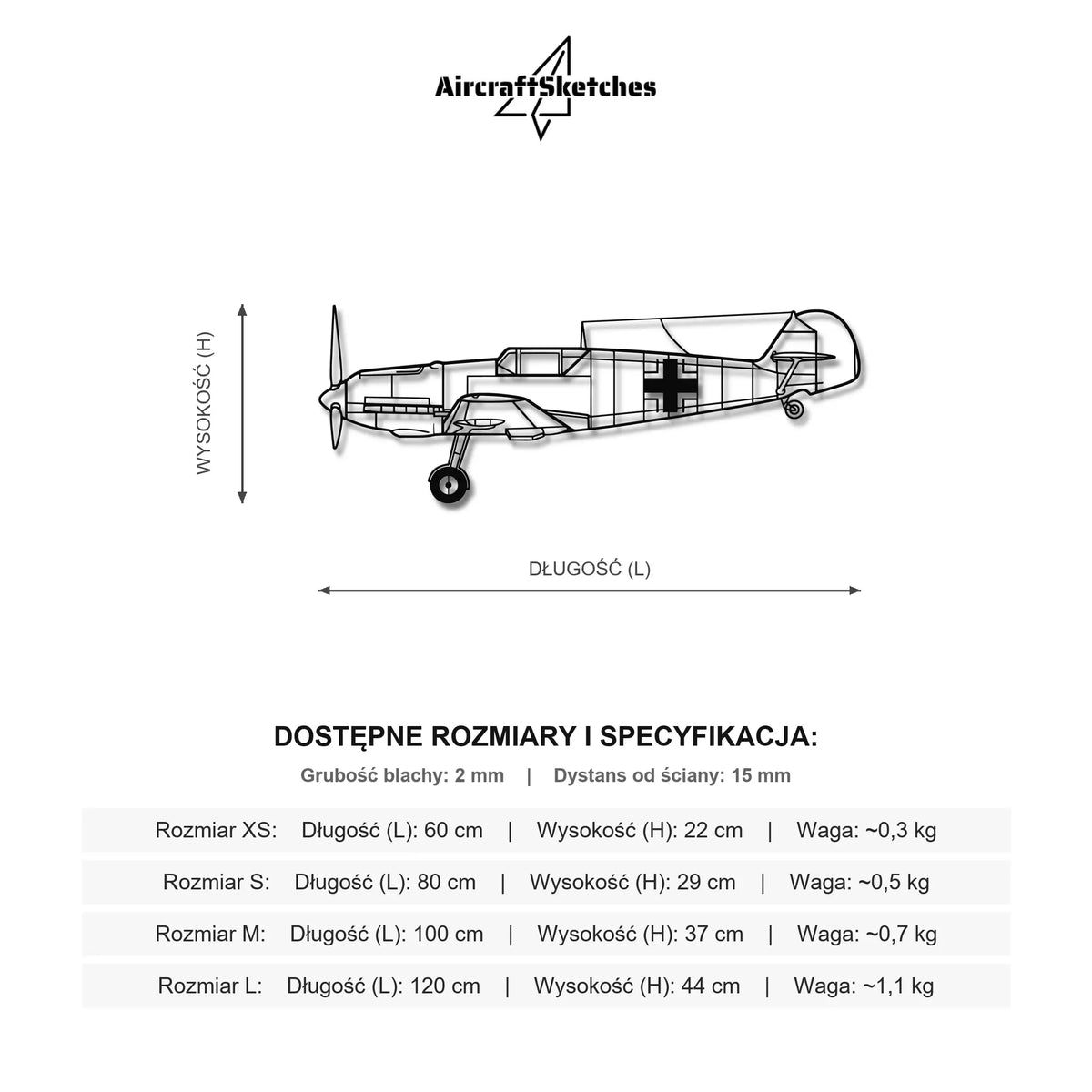 Wymiary i specyfikacja techniczna modelu: Messerschmitt Bf 109 - Metalowa dekoracja ścienna