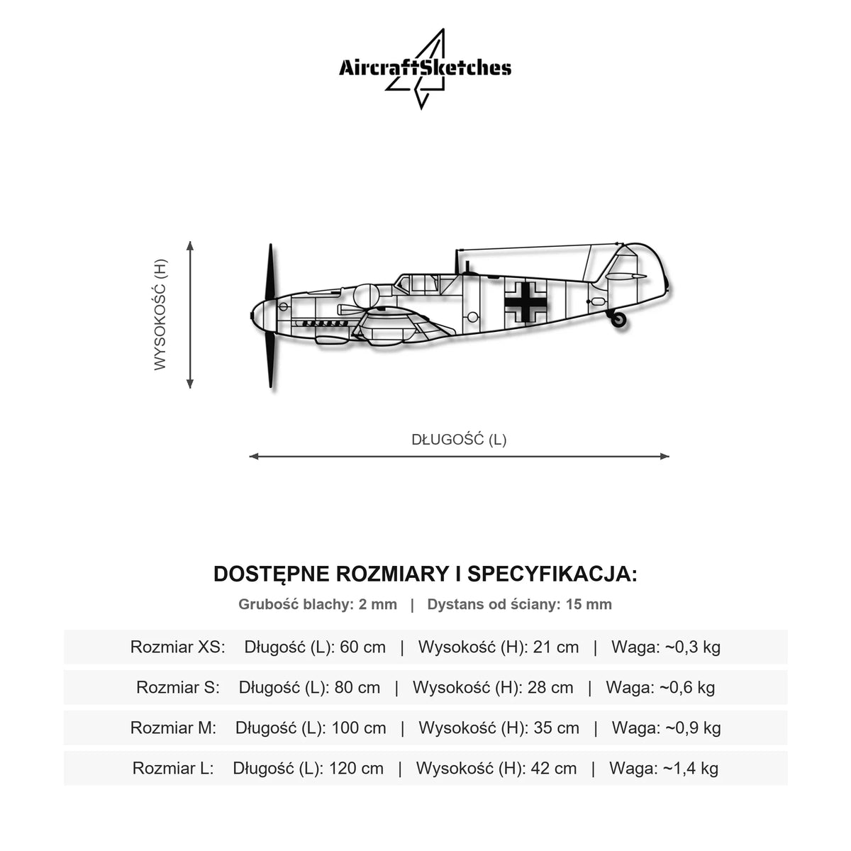 Wymiary i specyfikacja techniczna: Messerschmitt Bf 109 – Metalowa sylwetka na ścianę