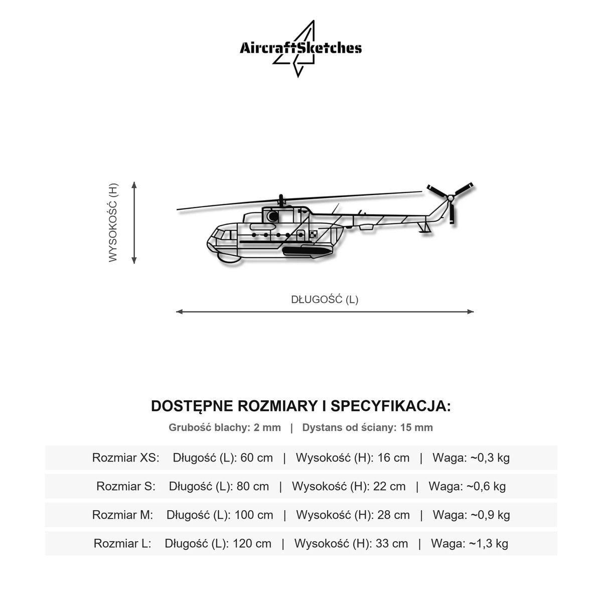 Wymiary i specyfikacja techniczna: Mi-14 (Polska Szachownica) – Metalowa sylwetka na ścianę