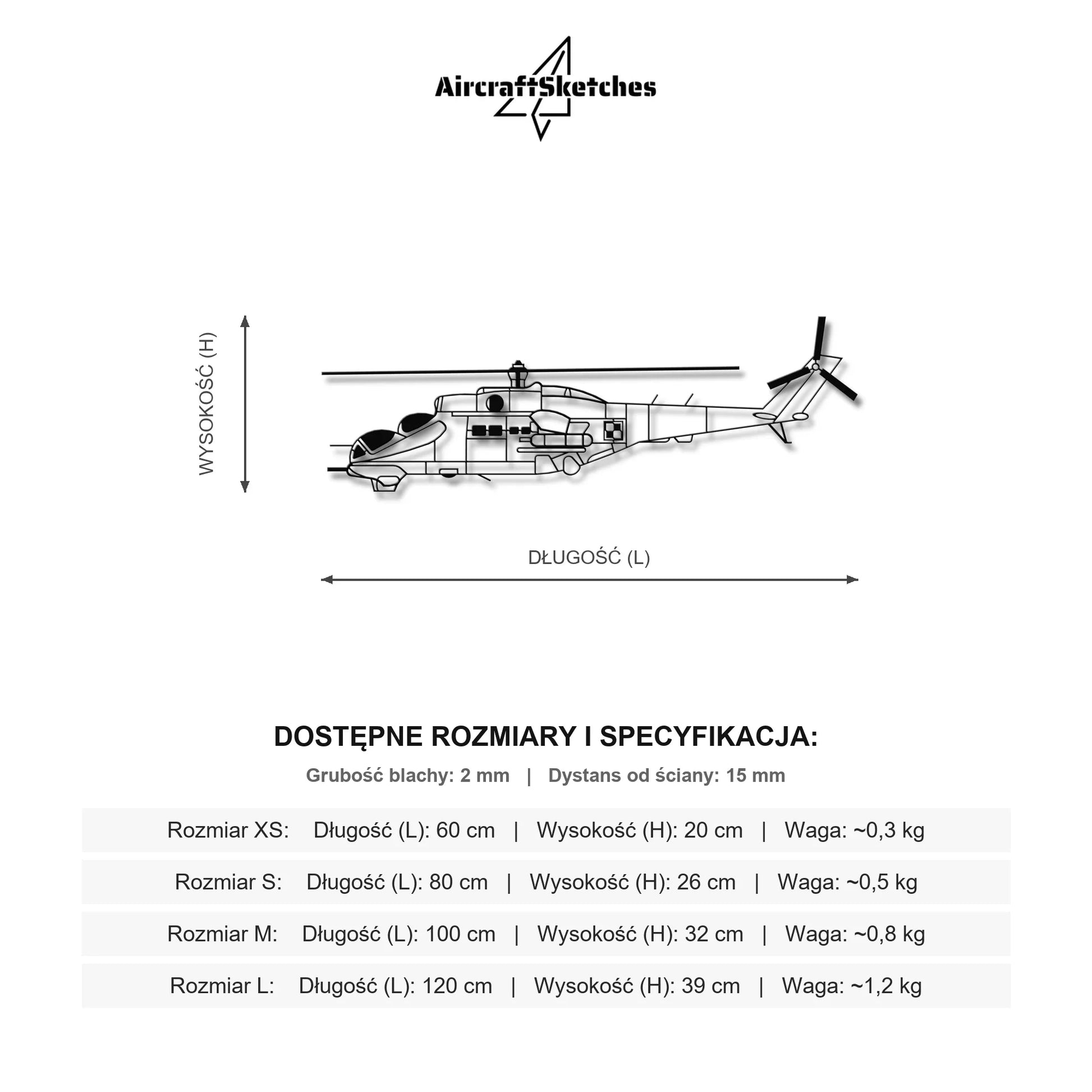 Wymiary i specyfikacja techniczna: Mi-24W (Hind) - (Polska Szachownica) – Metalowa sylwetka na ścianę