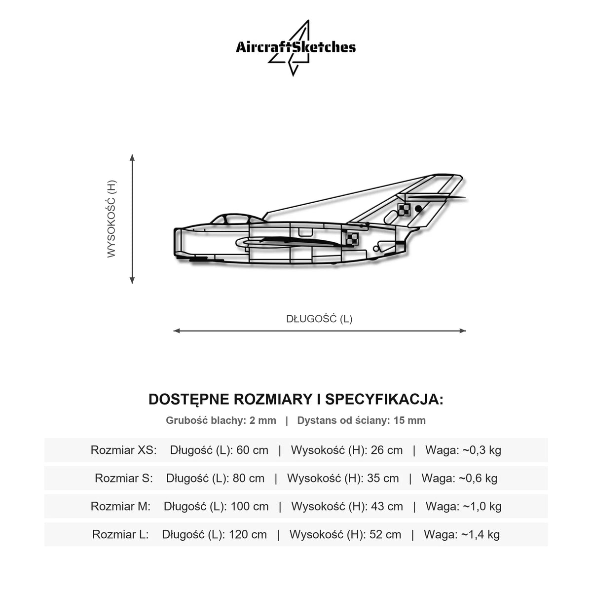 Wymiary i specyfikacja techniczna: MiG-15 (Lim-1/2) - (Polska Szachownica) – Metalowa sylwetka na ścianę