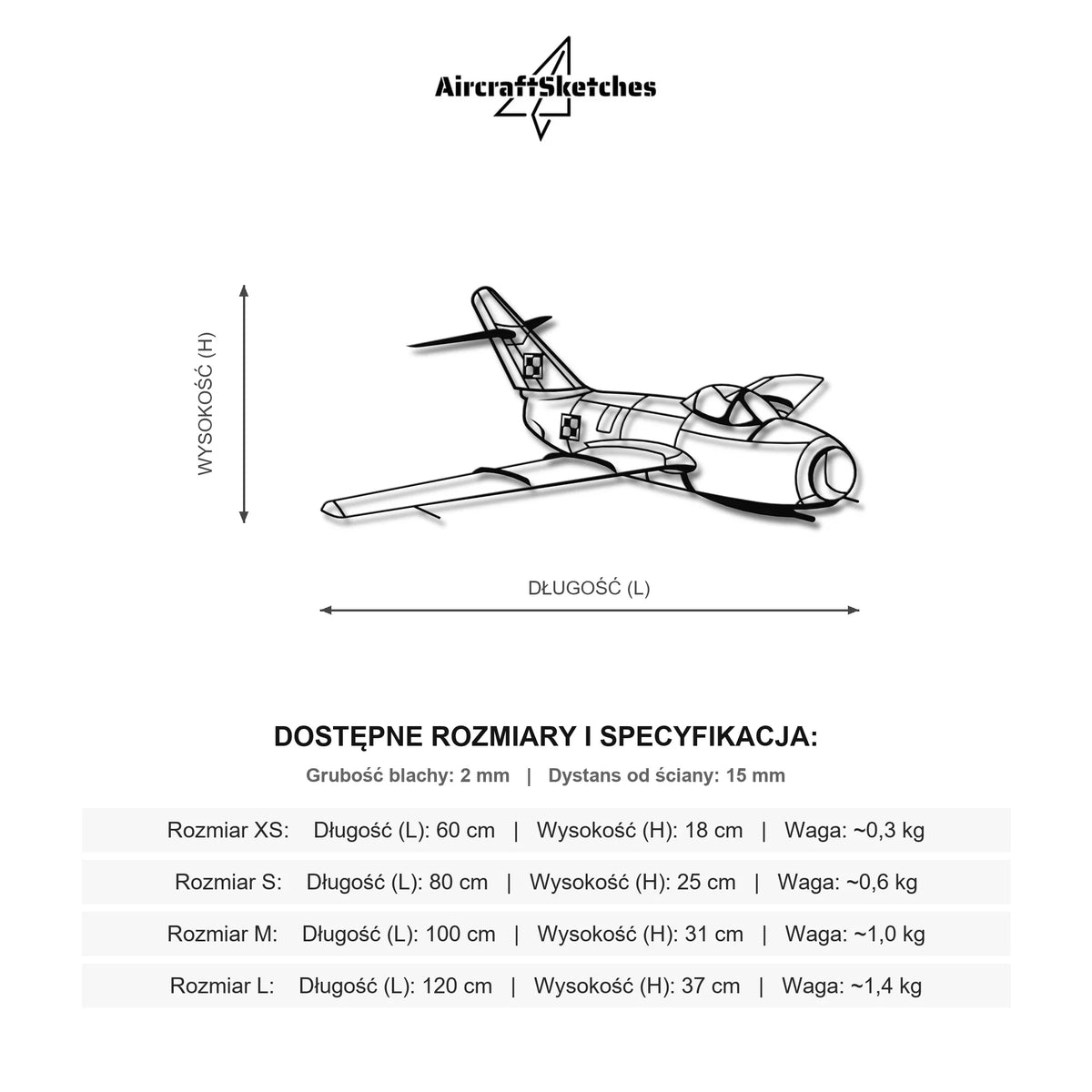 Wymiary i specyfikacja techniczna: MiG-15 (Lim-1/2) - (Polska Szachownica) – Metalowa sylwetka na ścianę