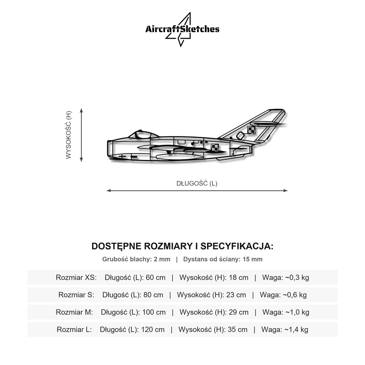 Wymiary i specyfikacja techniczna: MiG-17 (Polska Szachownica) – Metalowa sylwetka na ścianę
