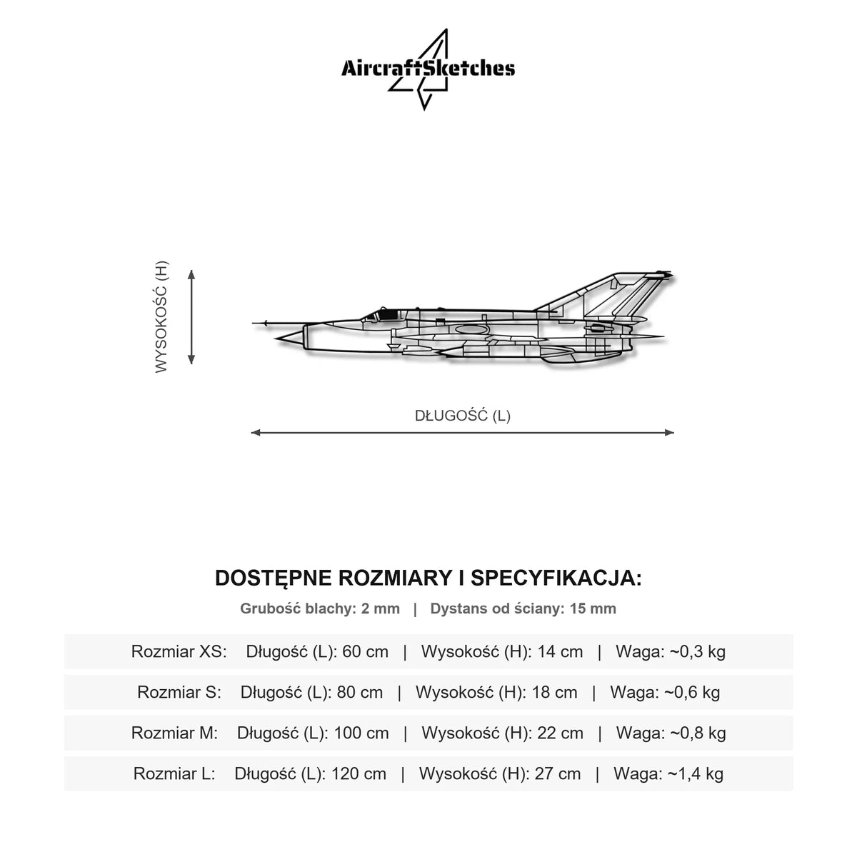 Wymiary i specyfikacja techniczna: MiG-21bis – Metalowa sylwetka na ścianę