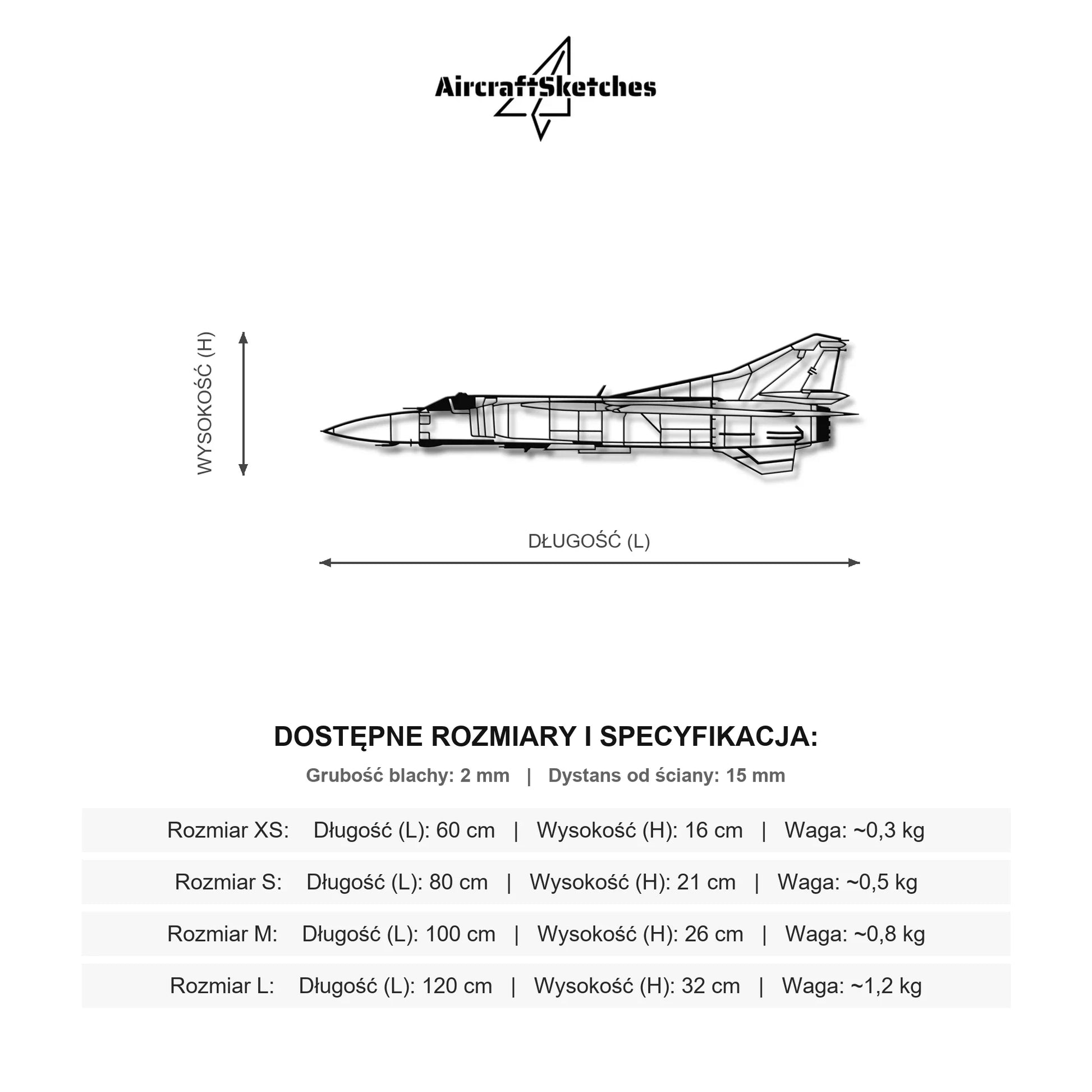 Wymiary i specyfikacja techniczna: MiG-23 Flogger – Metalowa sylwetka na ścianę