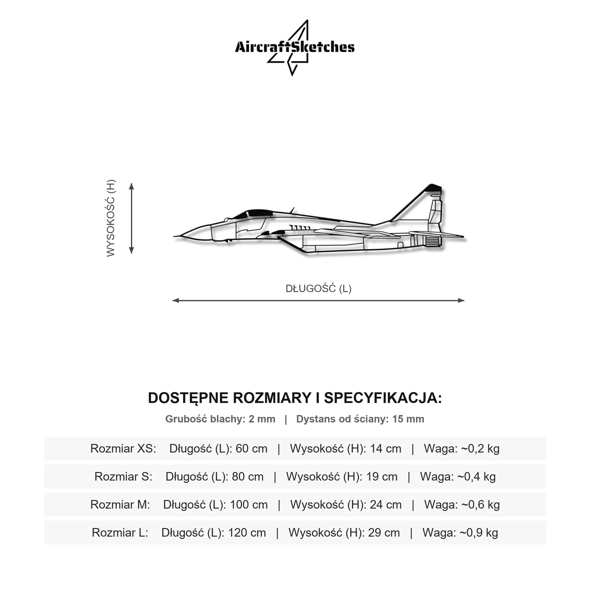 Wymiary i specyfikacja techniczna: MiG-29 – Metalowa sylwetka na ścianę
