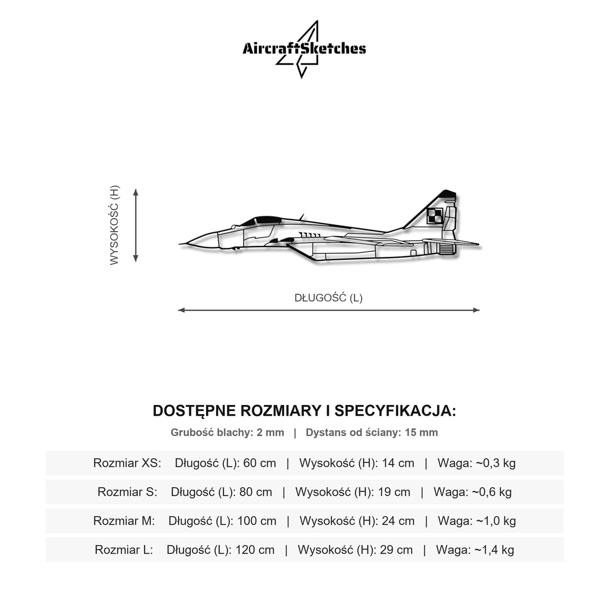 Wymiary i specyfikacja techniczna: MiG-29 (Fulcrum) - (Polska Szachownica) – Metalowa sylwetka na ścianę