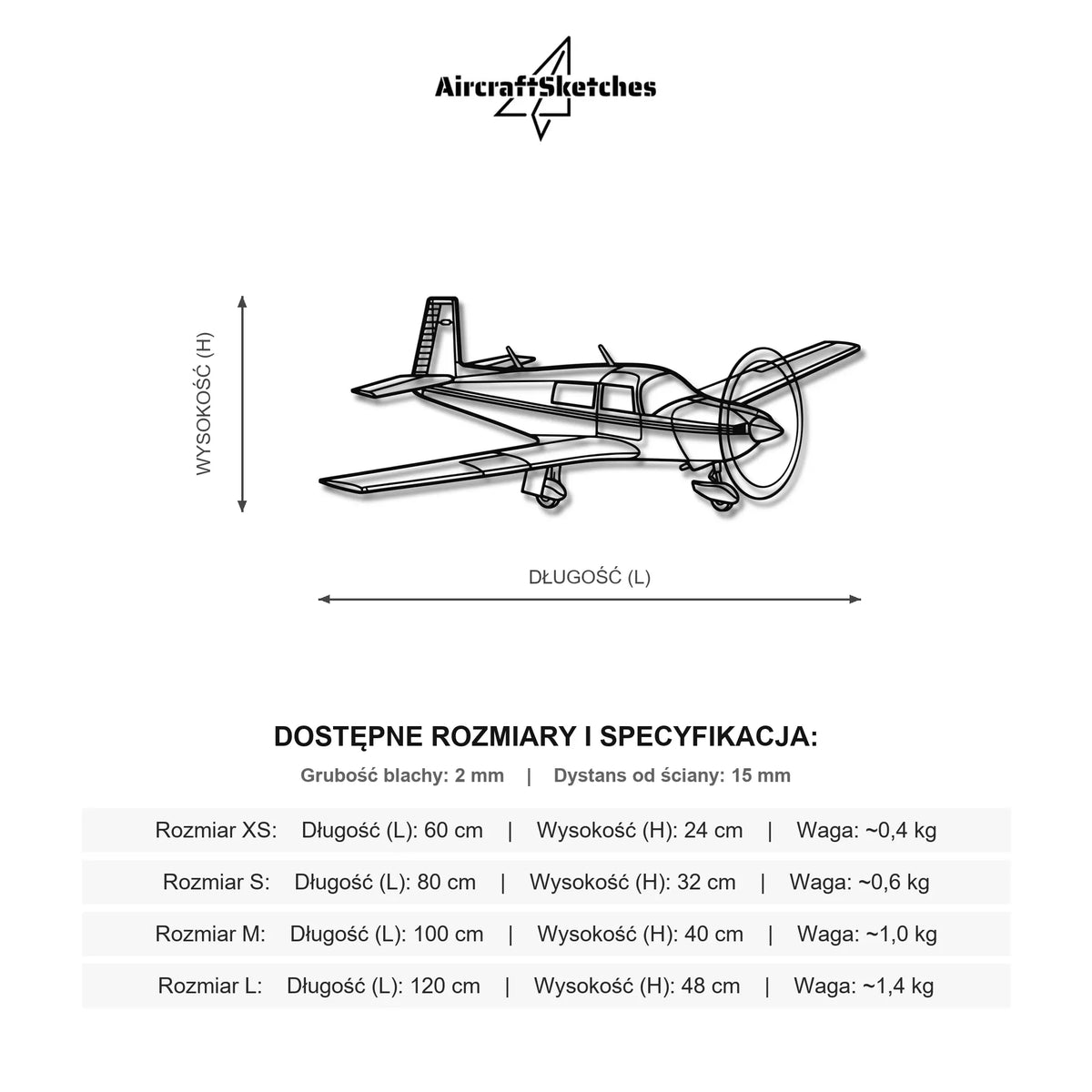 Wymiary i specyfikacja techniczna modelu: Mooney M20J - Metalowa dekoracja ścienna