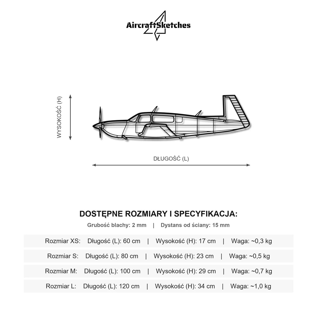 Wymiary i specyfikacja techniczna modelu: Mooney M20M - Metalowa dekoracja ścienna