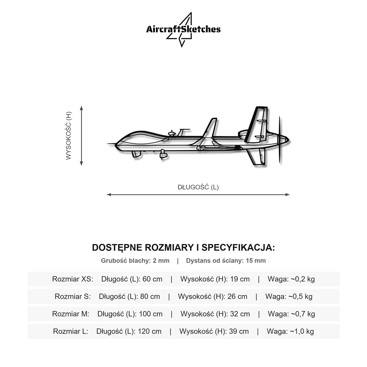 Wymiary i specyfikacja techniczna modelu: MQ-9B Reaper - Metalowa dekoracja ścienna