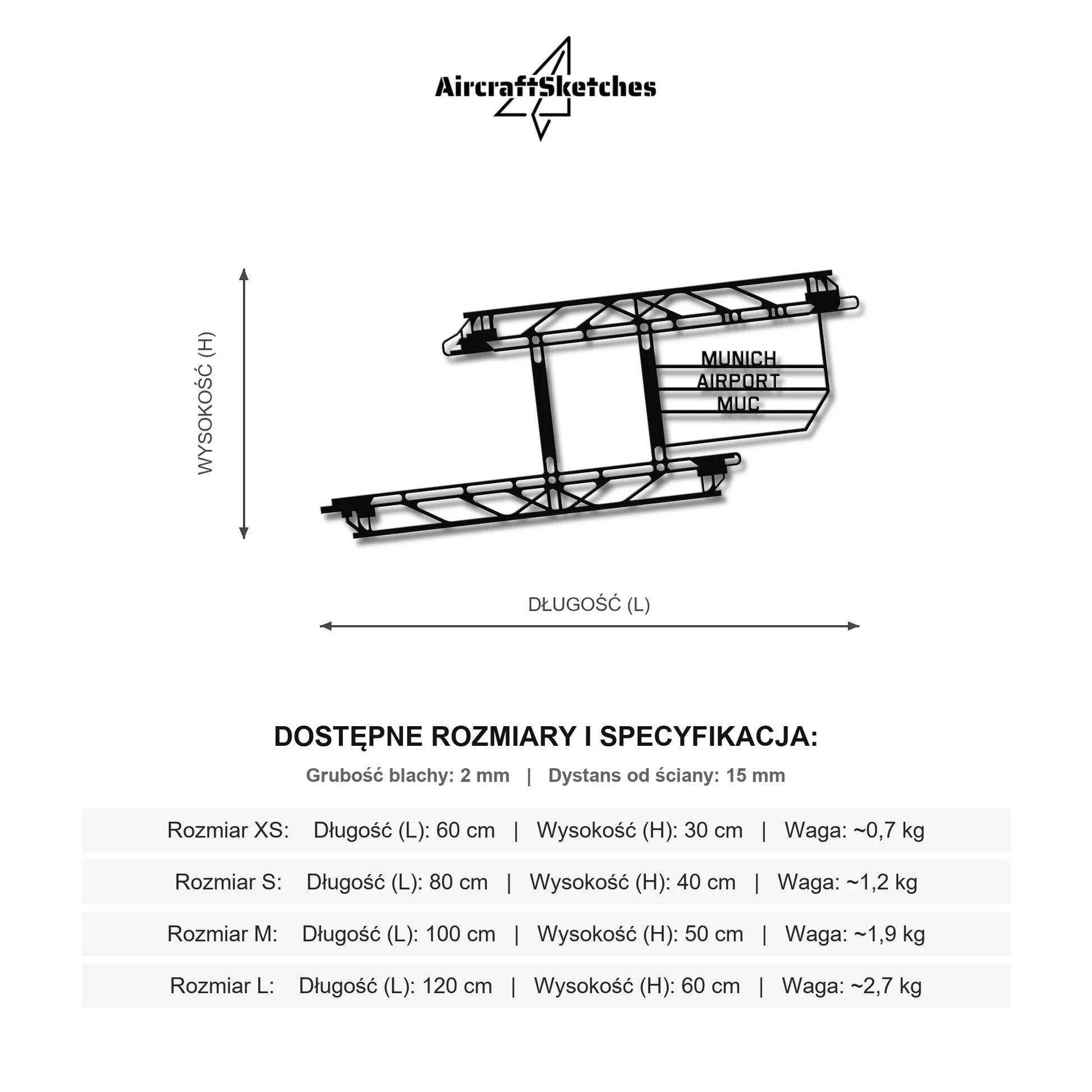Wymiary i specyfikacja techniczna: MUC Monachium Munich – Metalowa sylwetka na ścianę