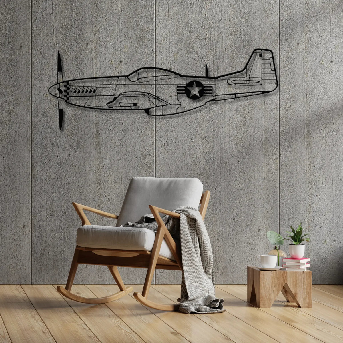 Aranżacja loftowa z wykorzystaniem - Mustang P-51 – Metalowa sylwetka na ścianę