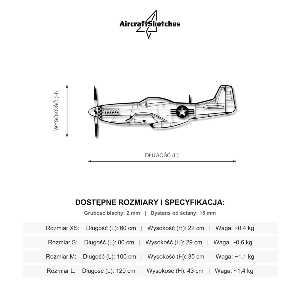 Wymiary i specyfikacja techniczna: Mustang P-51 – Metalowa sylwetka na ścianę