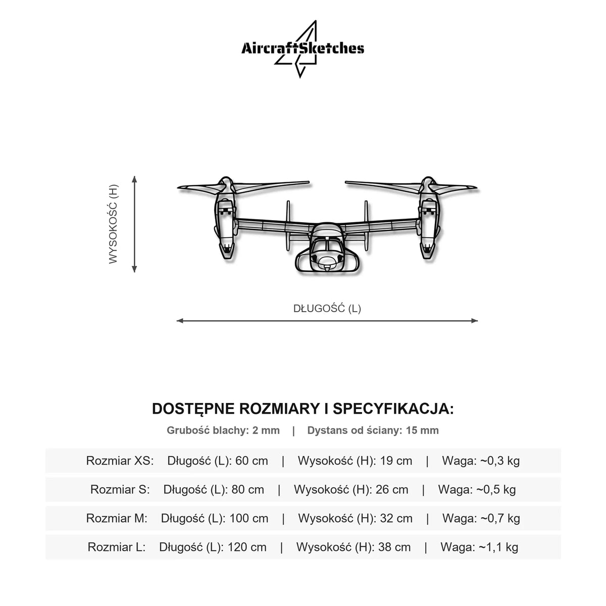 Wymiary i specyfikacja techniczna modelu: MV-22 Osprey - Metalowa dekoracja ścienna
