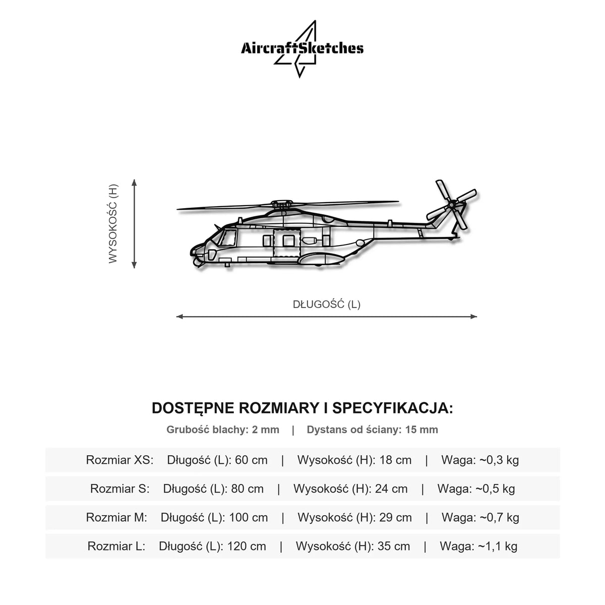 Wymiary i specyfikacja techniczna modelu: NH90 TTH - Metalowa dekoracja ścienna
