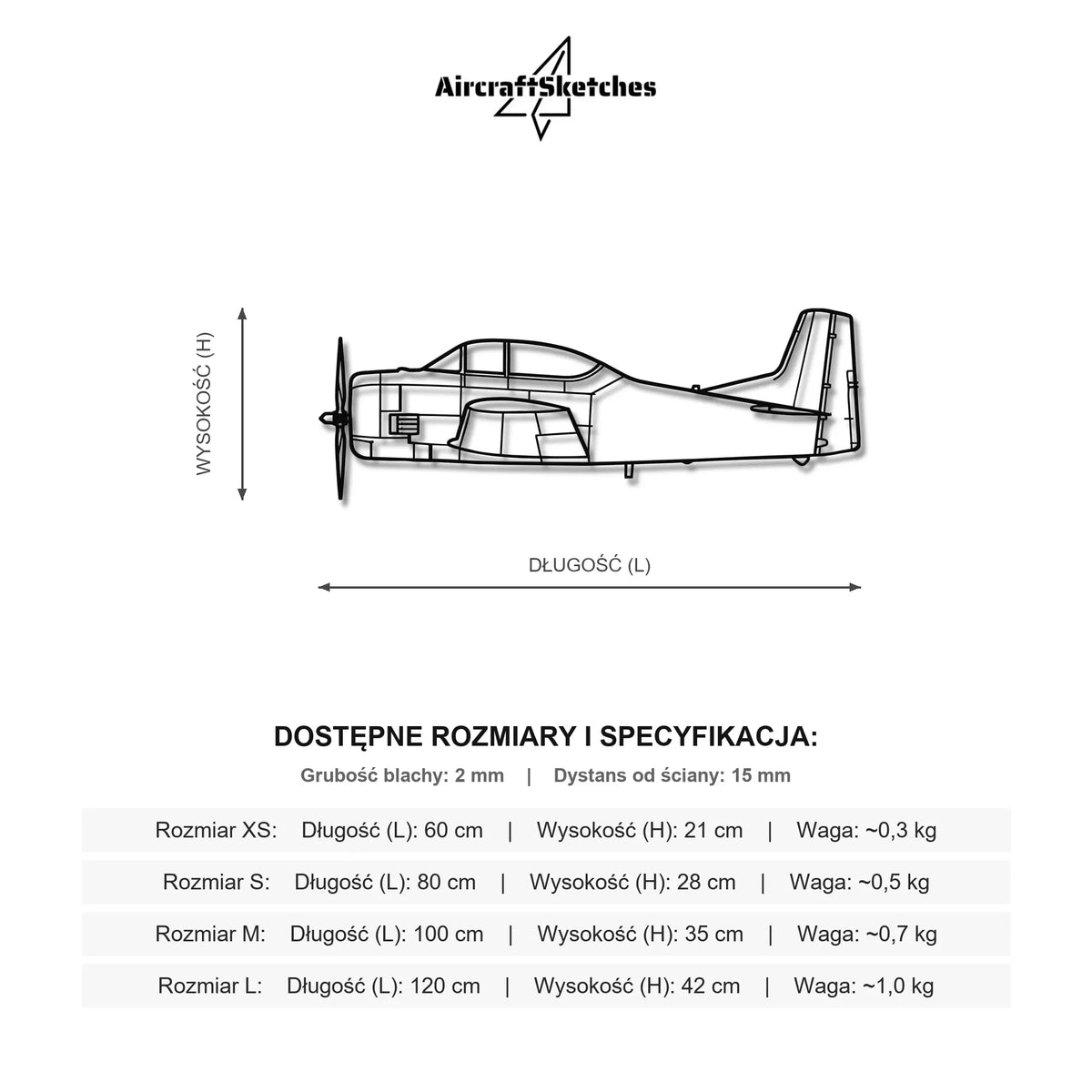 Wymiary i specyfikacja techniczna modelu: North American T-28 Trojan - Metalowa dekoracja ścienna