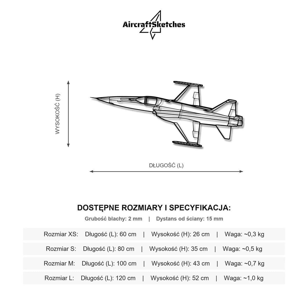 Wymiary i specyfikacja techniczna modelu: Northrop F-5 Tiger II - Metalowa dekoracja ścienna