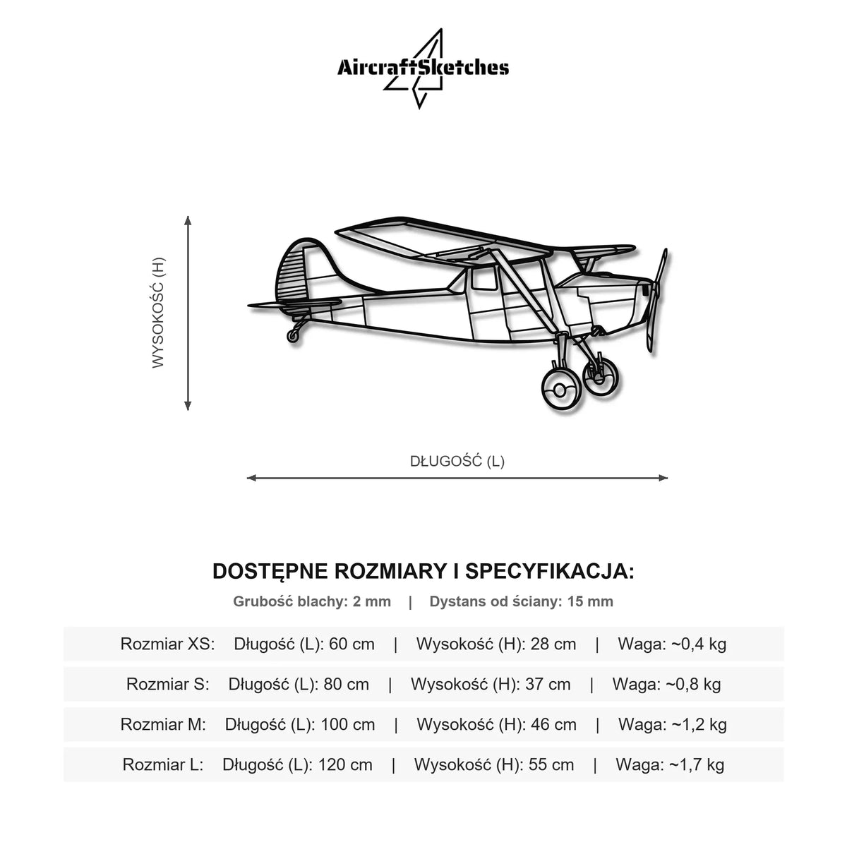 Wymiary i specyfikacja techniczna modelu: O-1 Bird Dog - Metalowa dekoracja ścienna