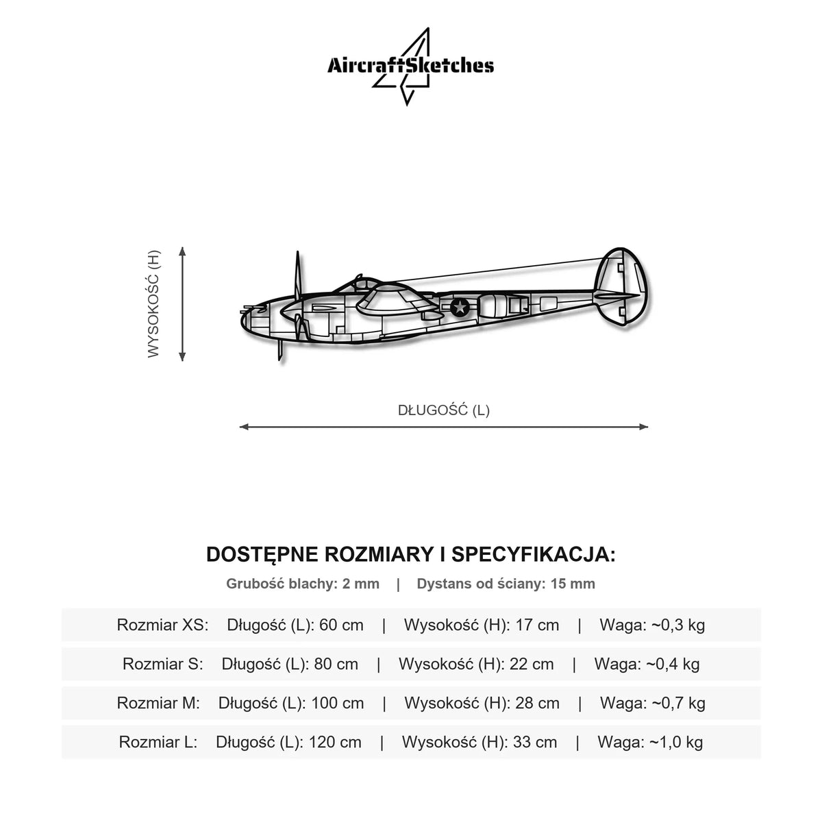 Wymiary i specyfikacja techniczna modelu: Lockheed P-38L Lightning - Metalowa dekoracja ścienna