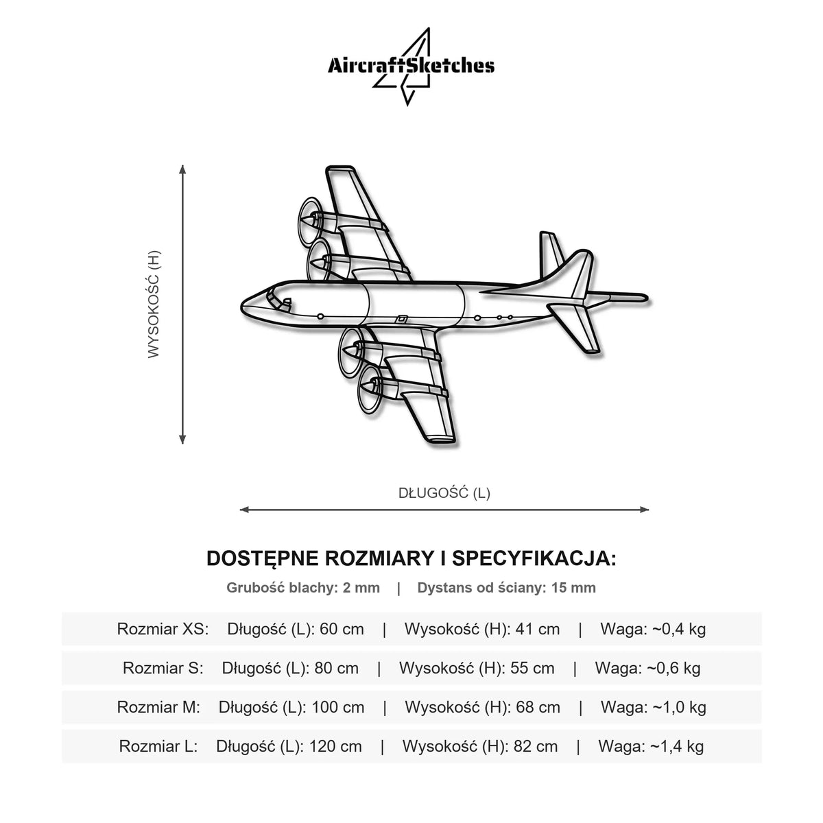 Wymiary i specyfikacja techniczna modelu: Lockheed P-3C Orion - Metalowa dekoracja ścienna