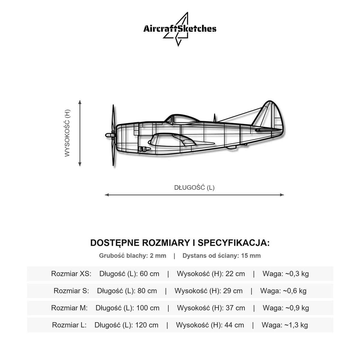 Wymiary i specyfikacja techniczna modelu: Republic P-47D Thunderbolt - Metalowa dekoracja ścienna