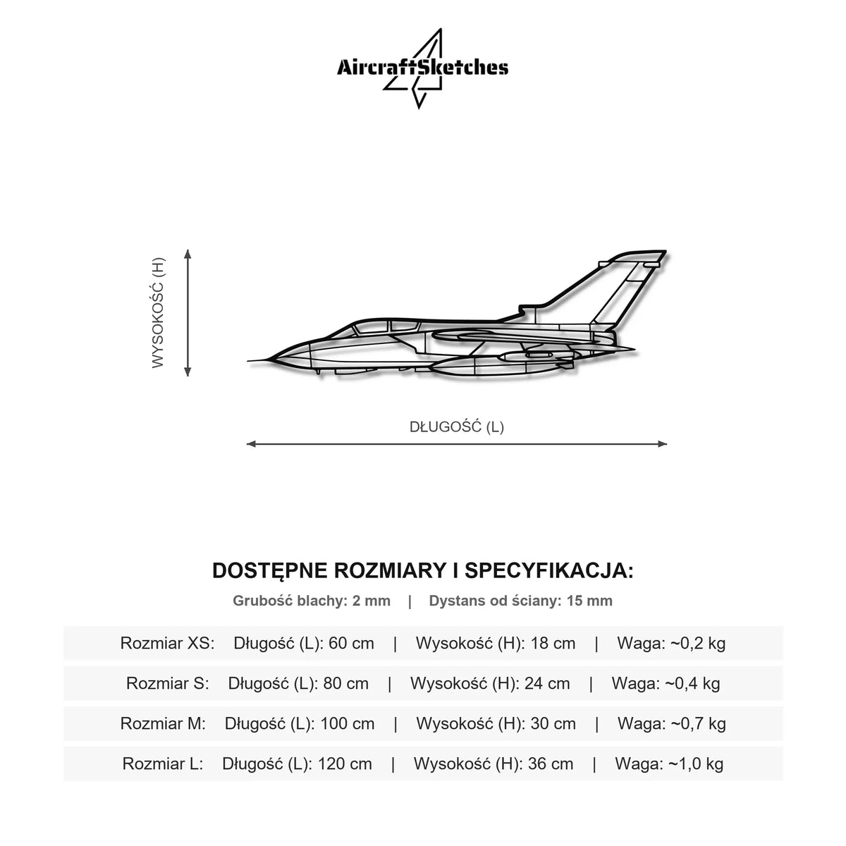 Wymiary i specyfikacja techniczna modelu: Panavia Tornado – Metalowa dekoracja ścienna