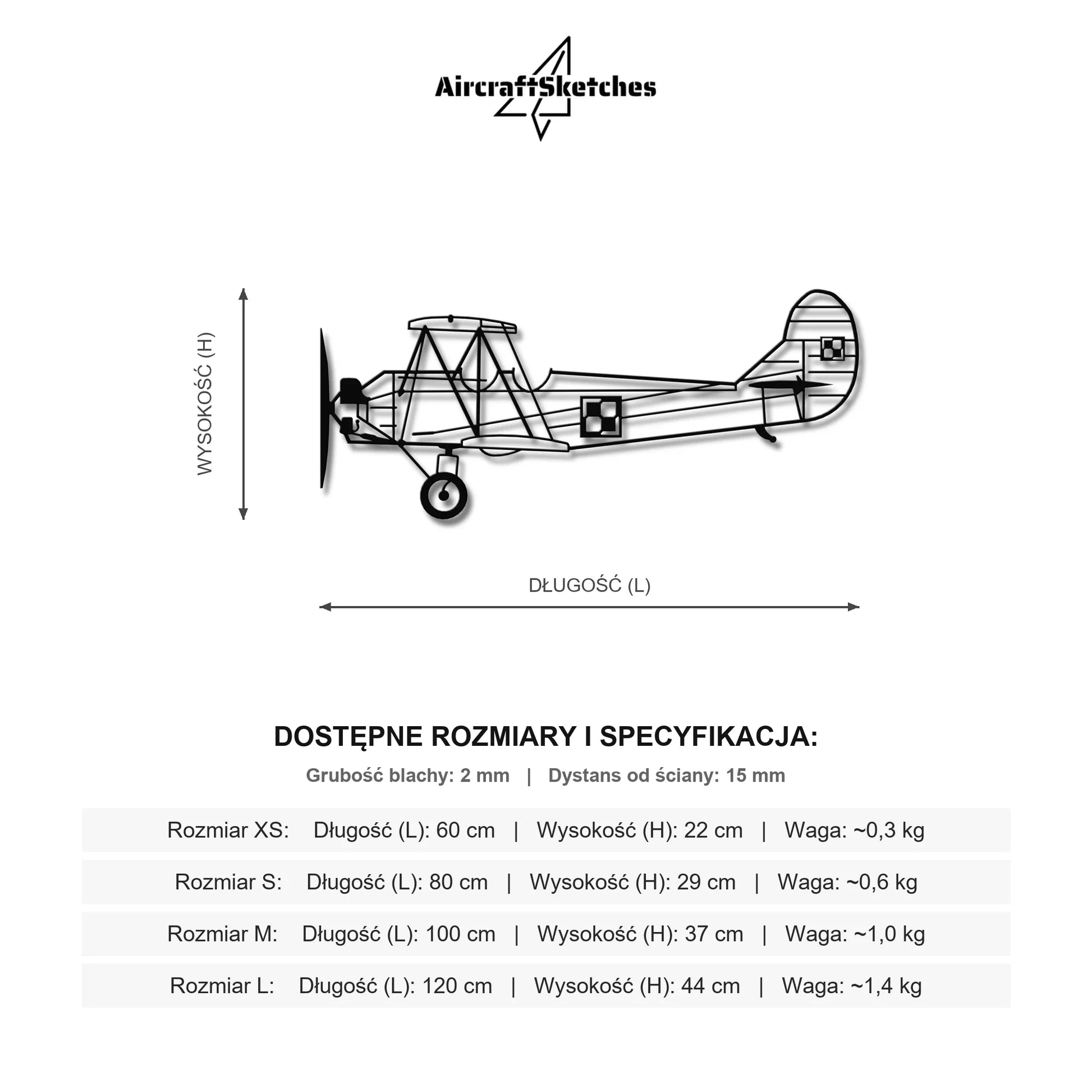 Wymiary i specyfikacja techniczna: Po-2 (Kukuruźnik) - (Polska Szachownica) – Metalowa sylwetka na ścianę