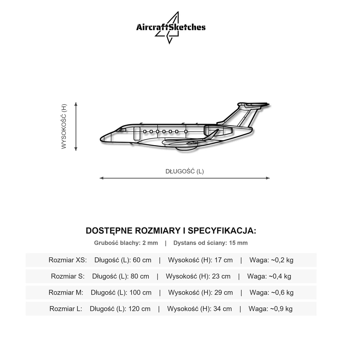 Wymiary i specyfikacja techniczna modelu: Embraer Praetor 600 - Metalowa dekoracja ścienna